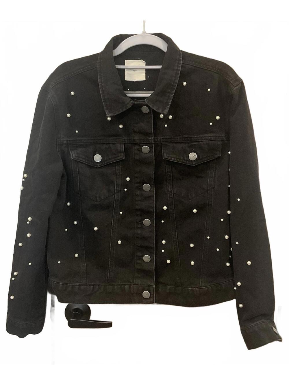 TGLA Womens Black Jean Jacket W/ Pearl Like Beads Size Small